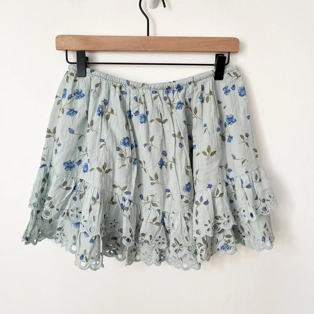 NEW American Eagle Floral Corset Top Tiered Mini Skirt Matching Set Small Blue